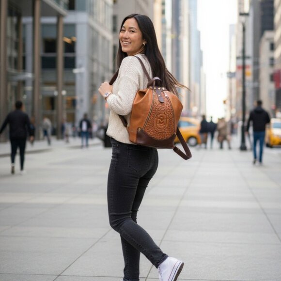 Marino Orlandi Cognac Chocolate Leather Embossed Convertible Sling Backpack - Picture 3 of 10